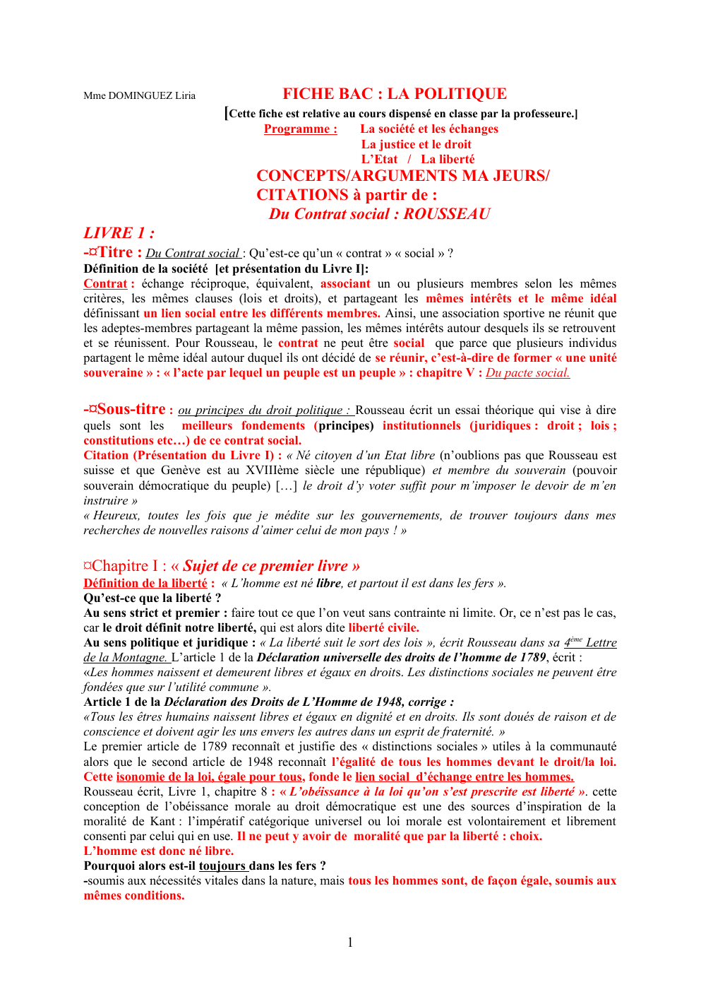 Prévisualisation du document FICHE BAC : LA POLITIQUE - Du Contrat social
