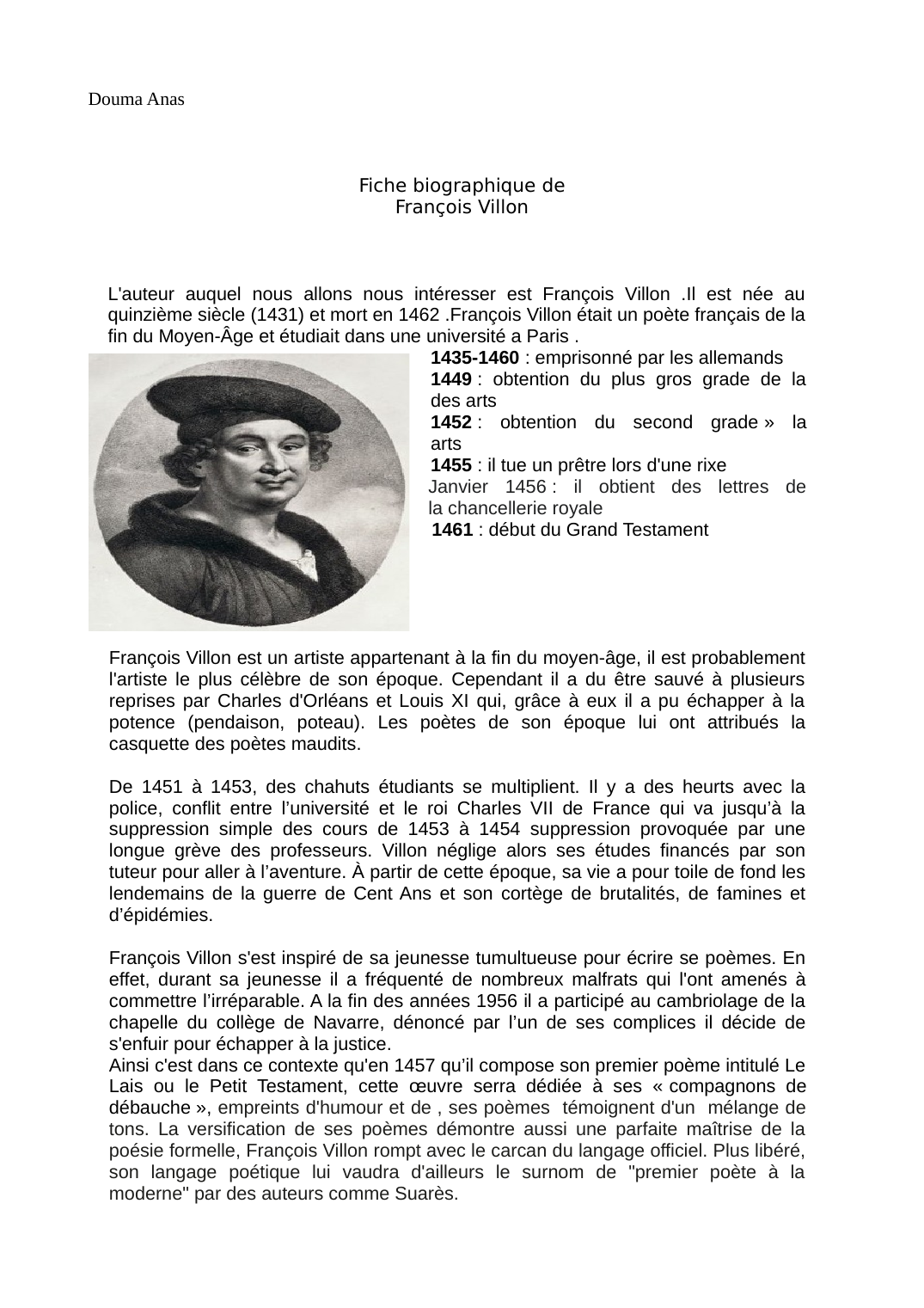 Prévisualisation du document Fiche biographique de François Villon