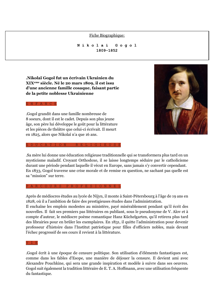 Prévisualisation du document Fiche biographique Nicolas Gogol