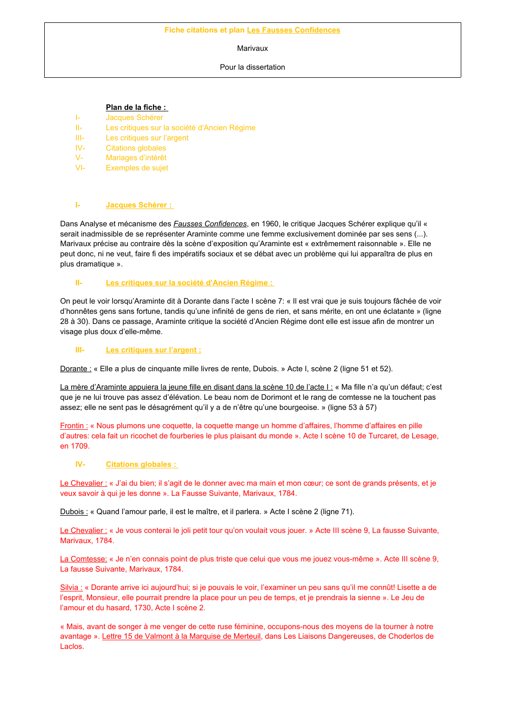 Prévisualisation du document Fiche citations et plan Les Fausses Confidences Marivaux