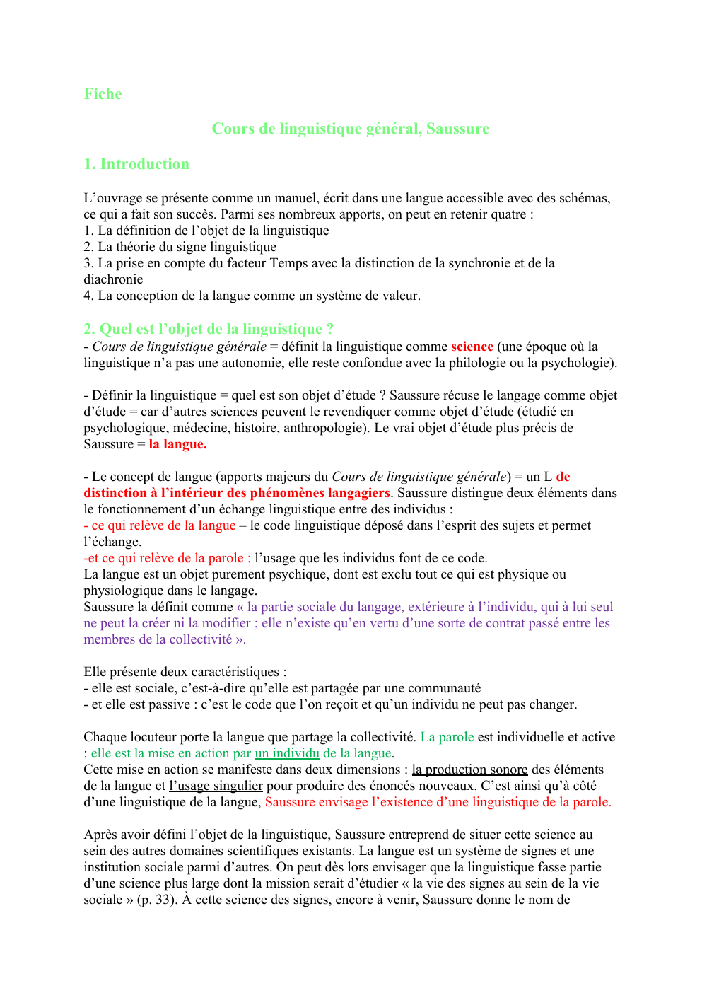 Prévisualisation du document Fiche Cours de linguistique général, Saussure