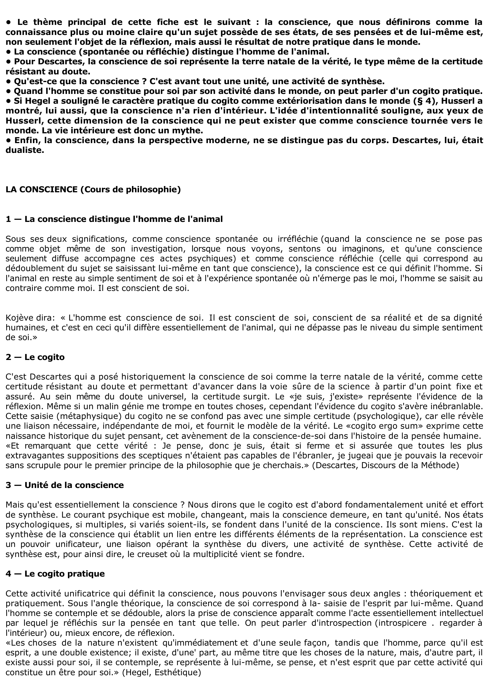 Prévisualisation du document Fiche de cours en philo : LA CONSCIENCE	.