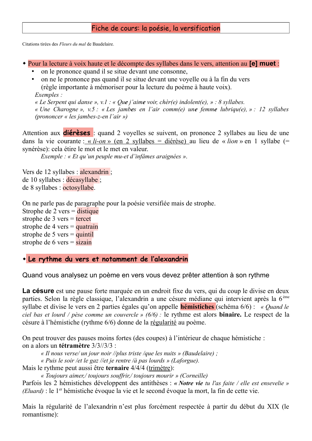 Prévisualisation du document Fiche de cours: la poésie, la versification Citations tirées des Fleurs du mal de Baudelaire.
