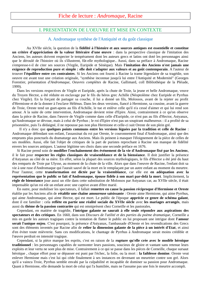 Prévisualisation du document Fiche de lecture Andromaque, Racine