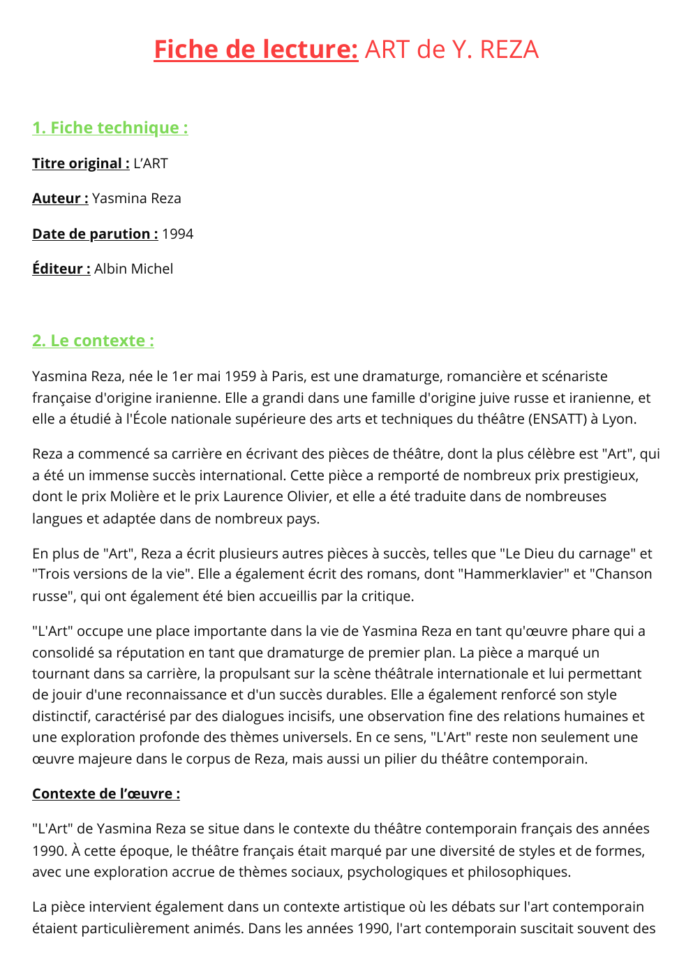 Prévisualisation du document Fiche de lecture: ART de Y. REZA