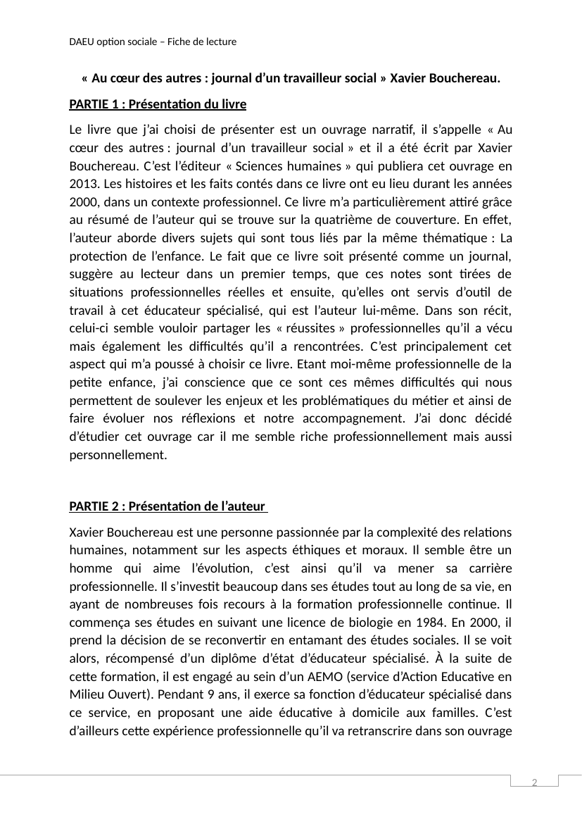 Prévisualisation du document Fiche de lecture, Au coeur des autres: journal d'un travailleur social, Xavier Bouchereau