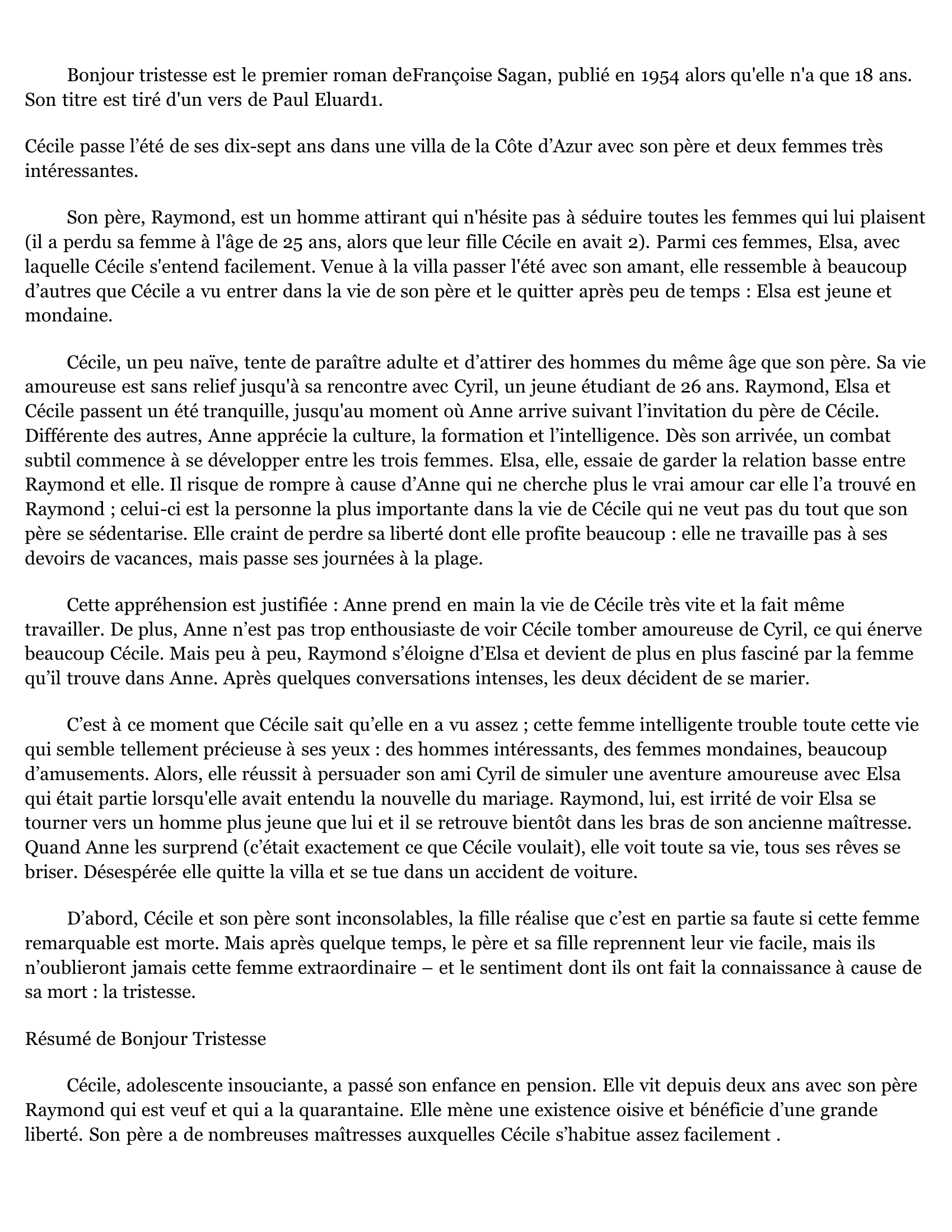 Prévisualisation du document FICHE DE LECTURE: BONJOUR TRISTESSE  de FRANÇOISE SAGAN