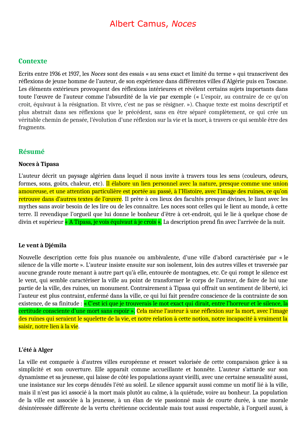 Prévisualisation du document Fiche de lecture Camus, Noces suivi de L'Eté