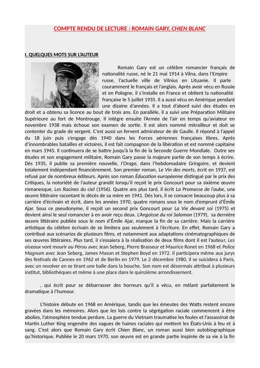 Prévisualisation du document Fiche de lecture Chien Blanc, Romain Gary