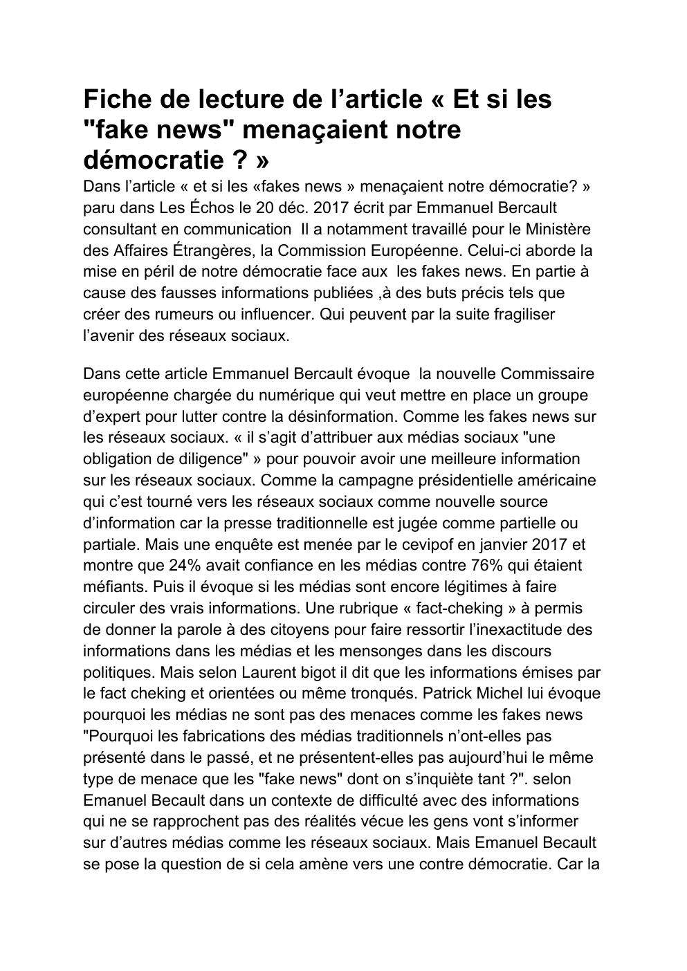 Prévisualisation du document Fiche de lecture de l’article « Et si les "fake news" menaçaient notre démocratie ? »