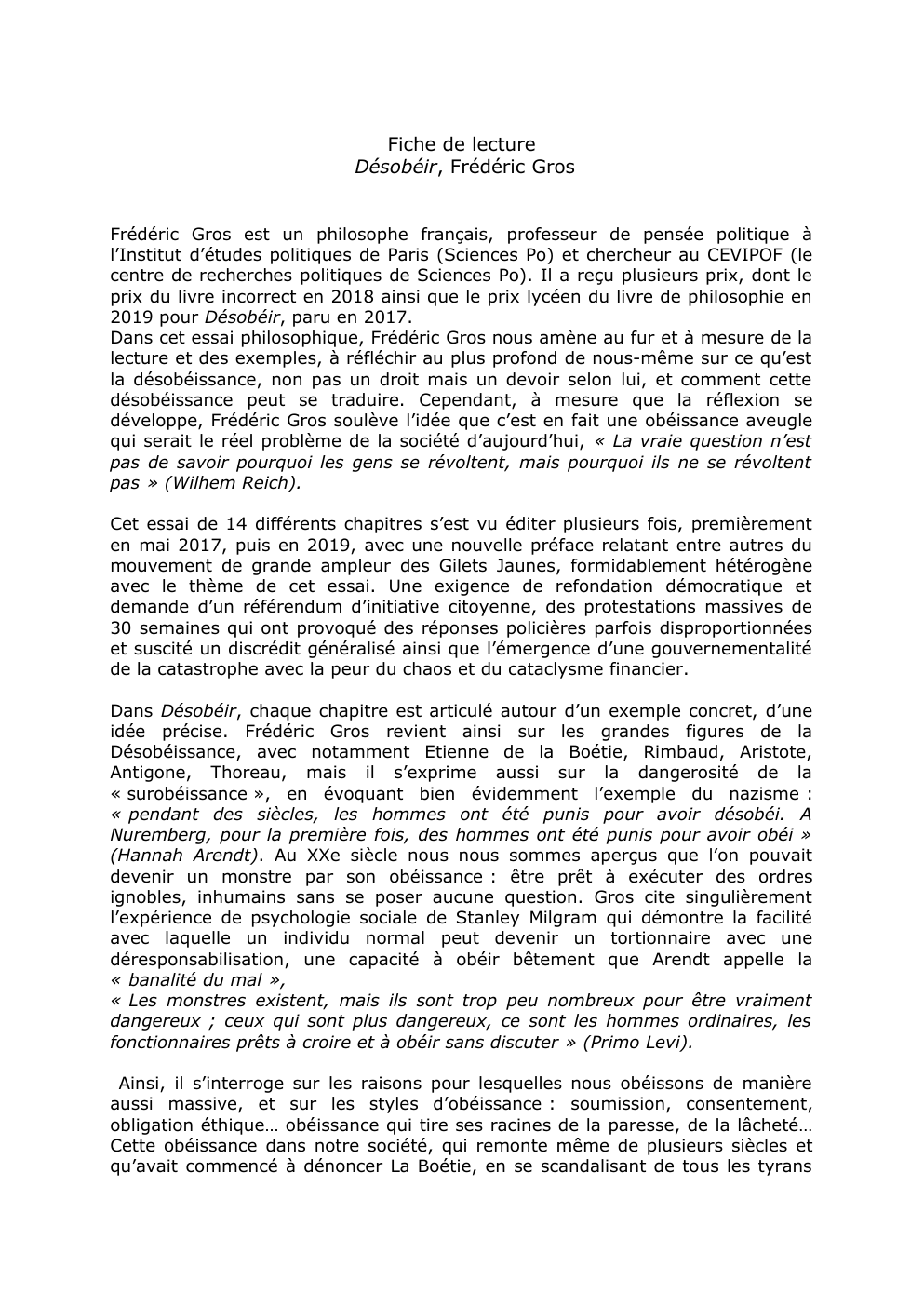 Prévisualisation du document Fiche de lecture Désobéir, Frédéric Gros