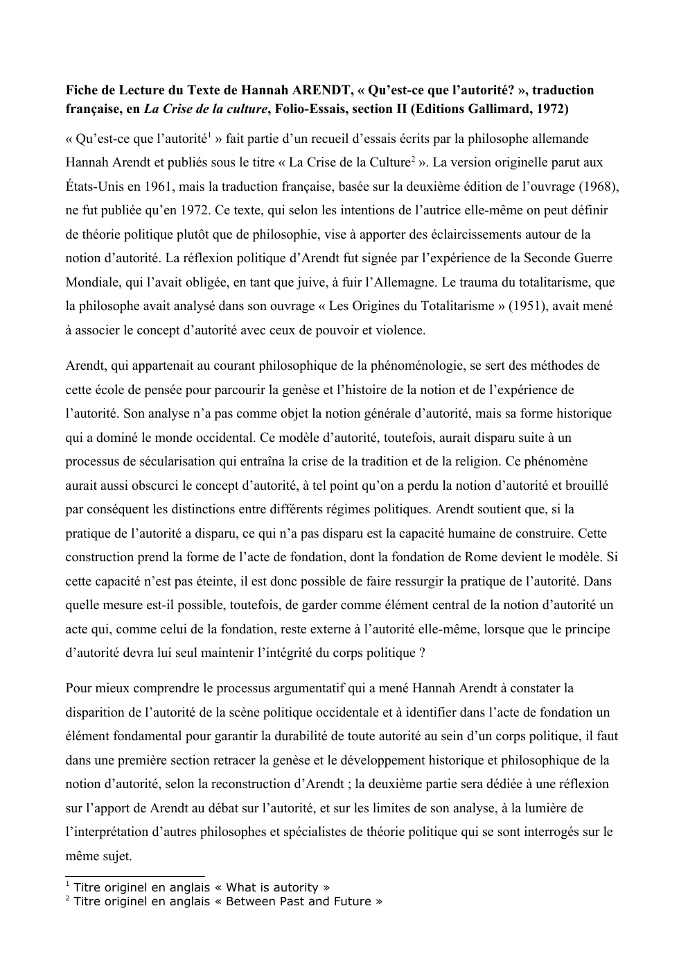 Prévisualisation du document Fiche de Lecture du Texte de Hannah ARENDT, « Qu’est-ce que l’autorité? »