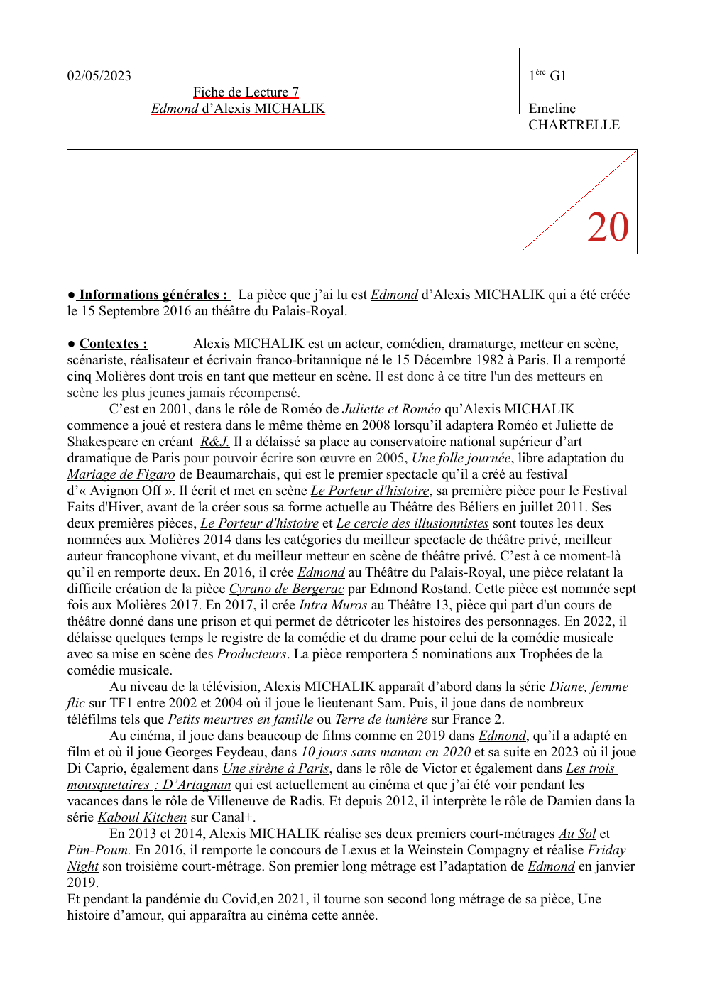 Prévisualisation du document Fiche de Lecture : Edmond d’Alexis MICHALIK