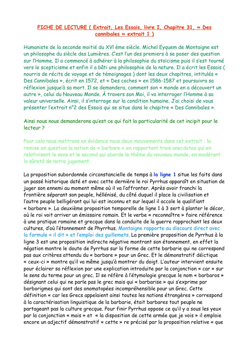 Prévisualisation du document FICHE DE LECTURE ( Extrait, Les Essais, livre I, Chapitre 31, «Des cannibales» extrait 1 )