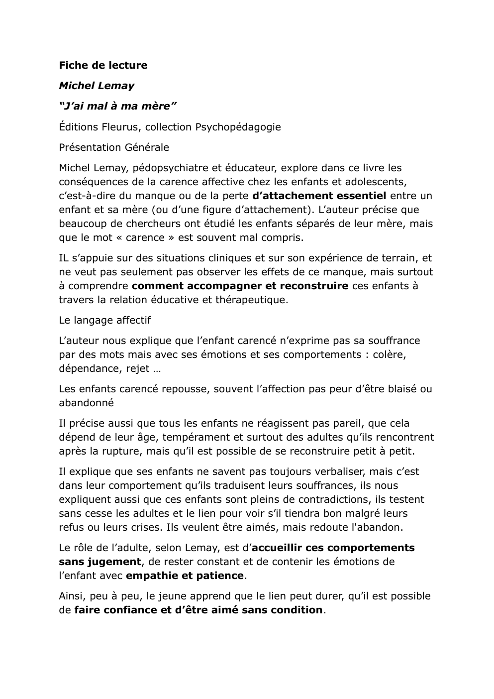 Prévisualisation du document Fiche de lecture Michel Lemay “J’ai mal à ma mère”