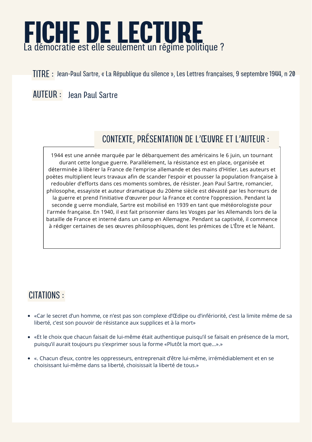 Prévisualisation du document fiche de lecture Jean Paul sartre la République du silence
