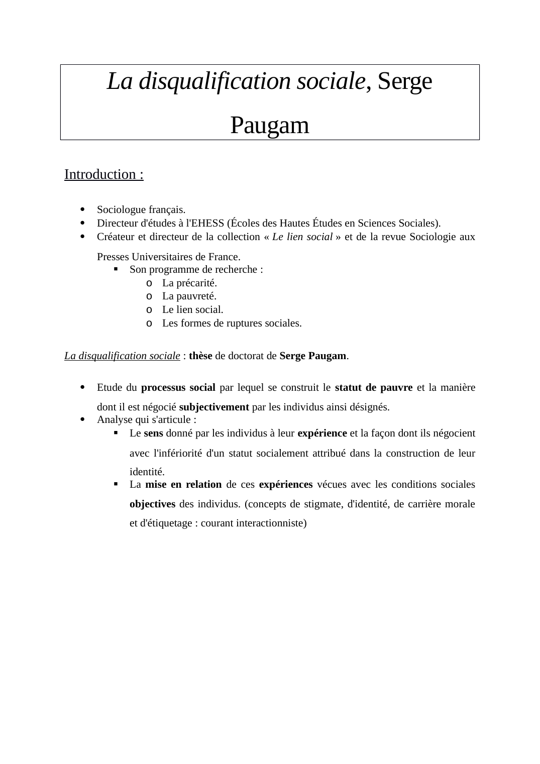 Prévisualisation du document Fiche de lecture : La disqualification social, Serge Paugam