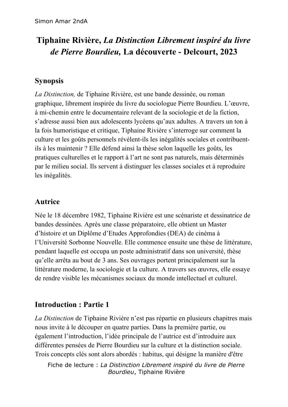 Prévisualisation du document Fiche de lecture - La distinction (BD)