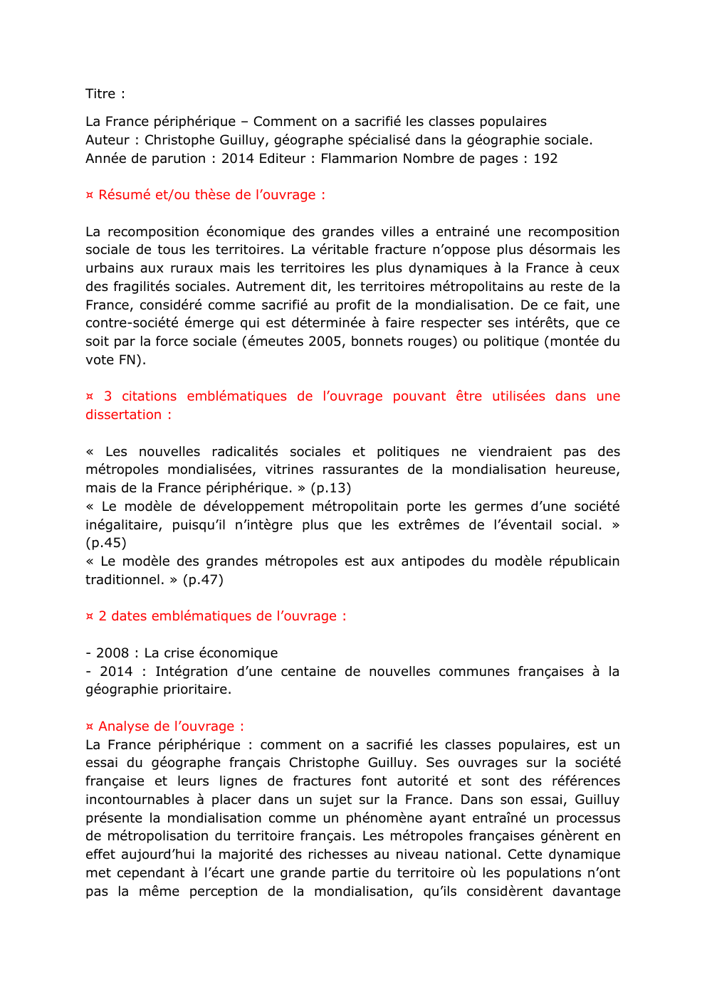 Prévisualisation du document Fiche de lecture la France périphérique
