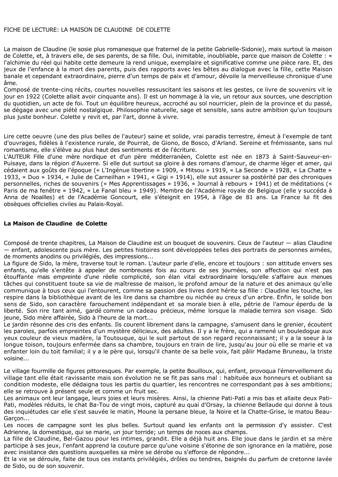 Prévisualisation du document FICHE DE LECTURE: LA MAISON DE CLAUDINE  DE COLETTE