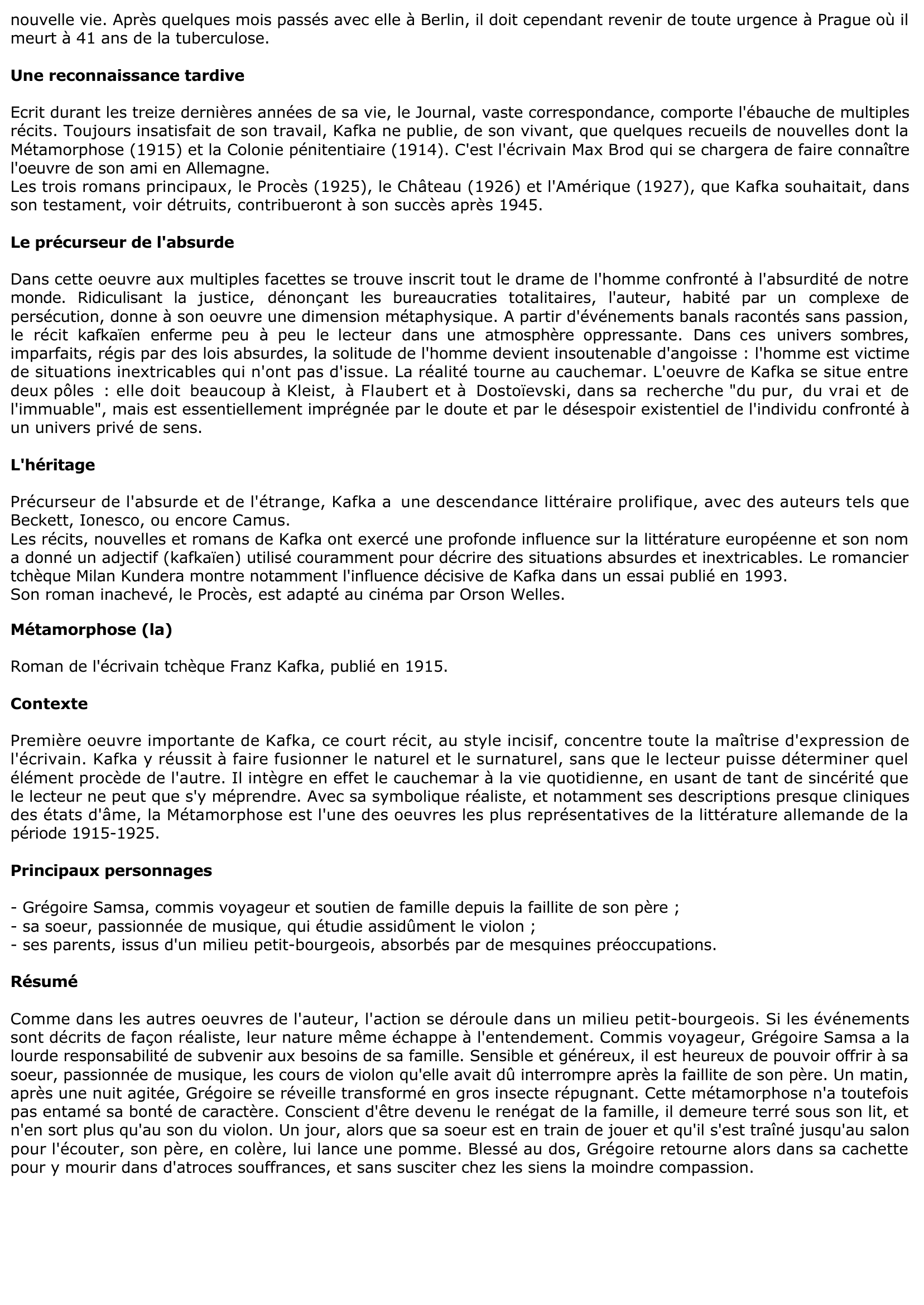 Prévisualisation du document FICHE DE LECTURE: LA MÉTAMORPHOSE DE FRANZ KAFKA