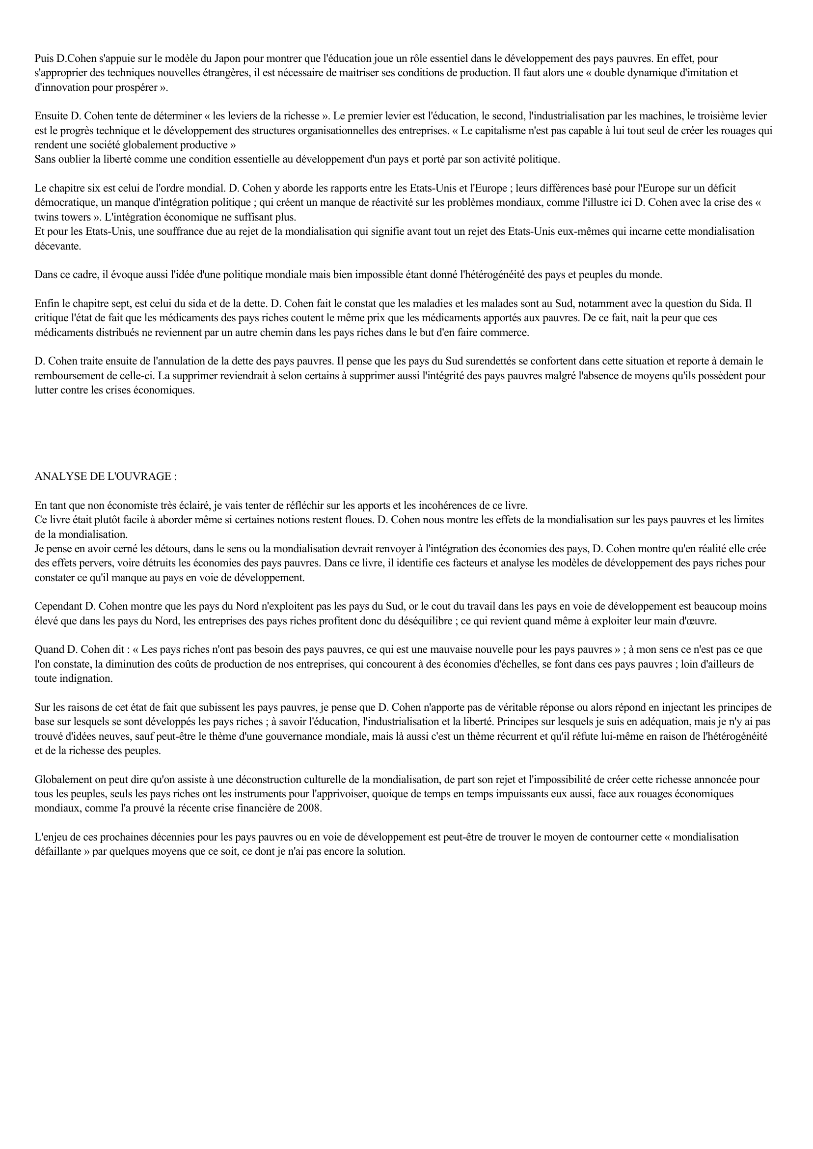 Prévisualisation du document FICHE DE LECTURE « LA MONDIALISATION ET SES ENNEMIS » DANIEL COHEN