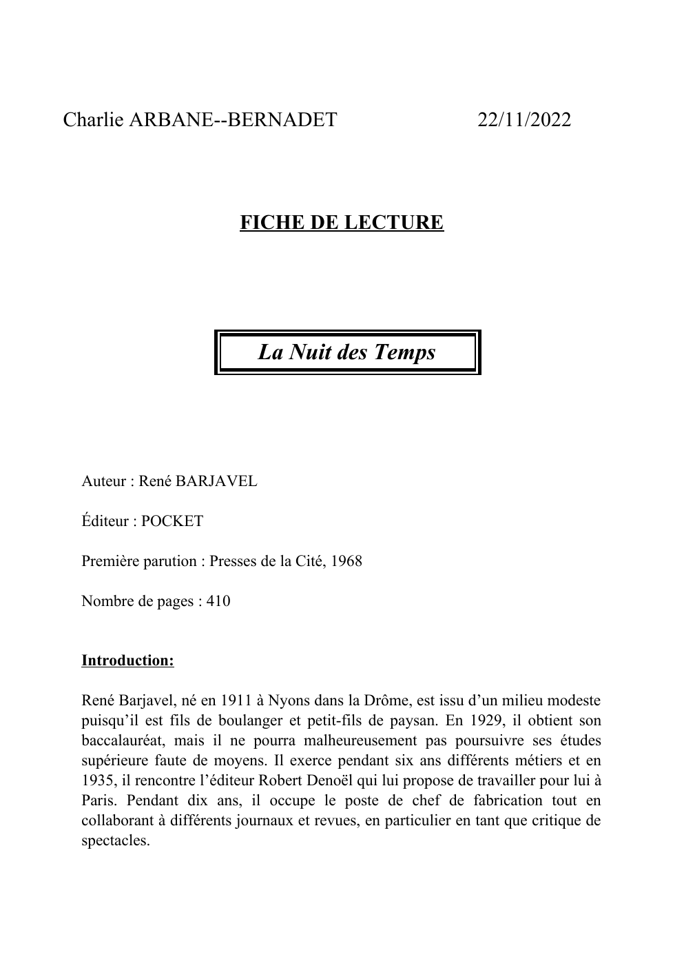 Prévisualisation du document FICHE DE LECTURE  La Nuit des Temps  Auteur : René BARJAVEL