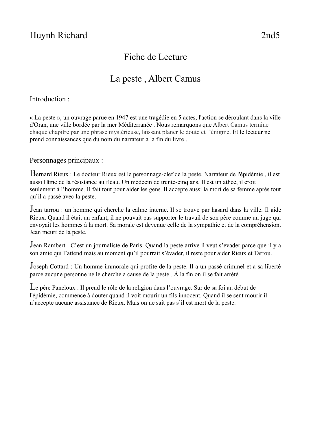 Prévisualisation du document Fiche de lecture , La peste D'albert Camus