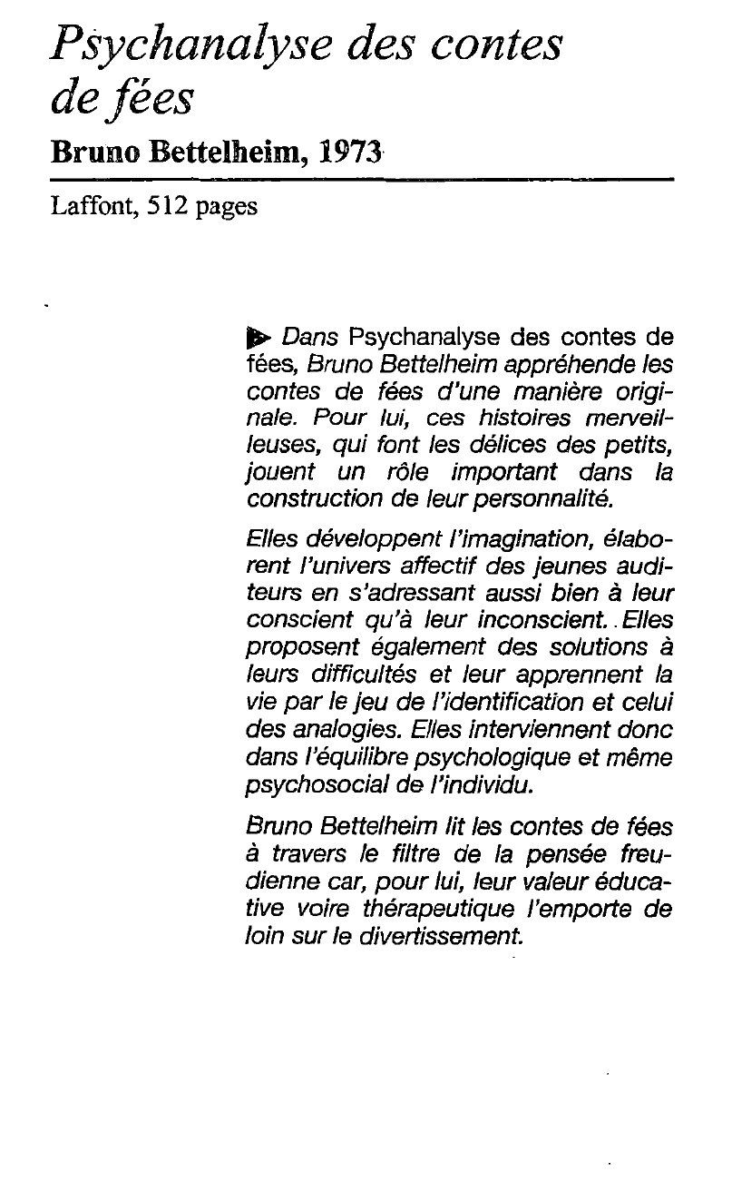 Prévisualisation du document Fiche de lecture   La psychanalyse des contes de fées de Bettelheim