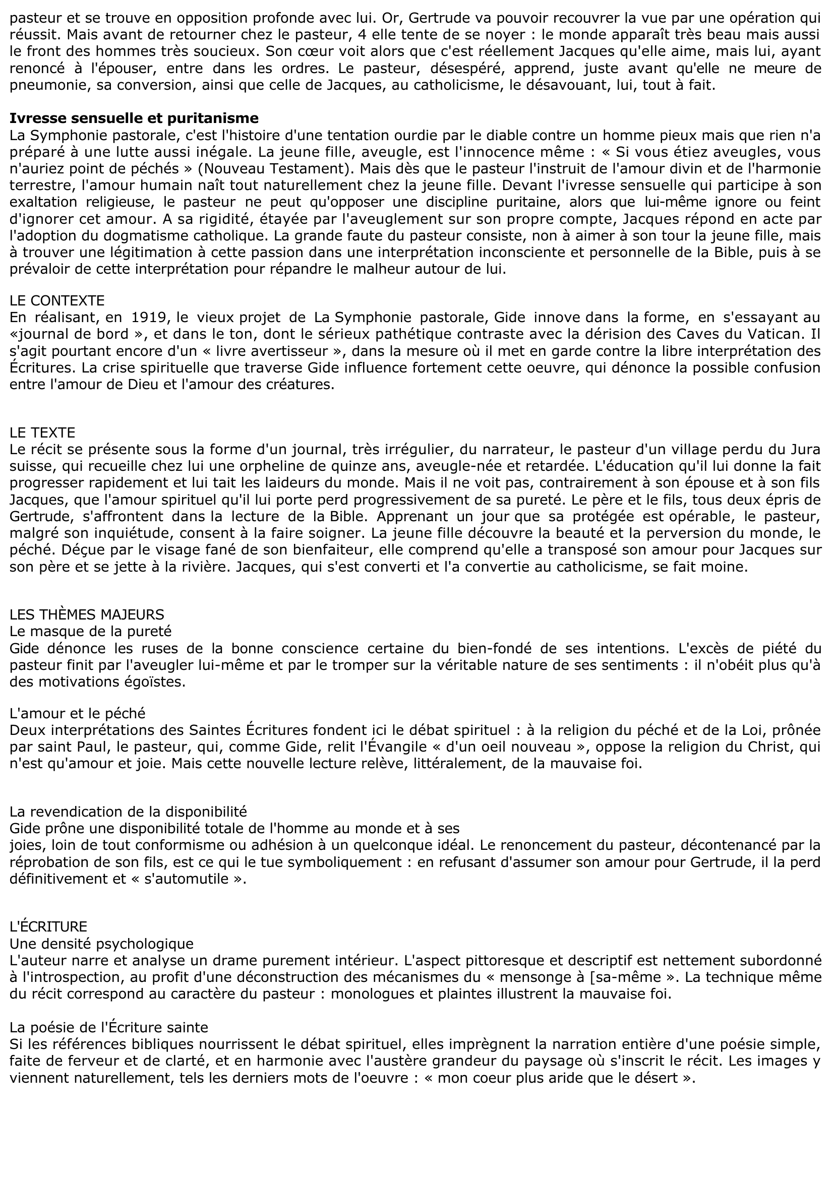 Prévisualisation du document FICHE DE LECTURE: LA SYMPHONIE PASTORALE D'ANDRE GIDE