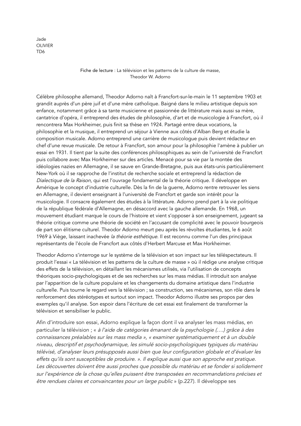 Prévisualisation du document Fiche de lecture : La télévision et les patterns de la culture de masse, Theodor W. Adorno
