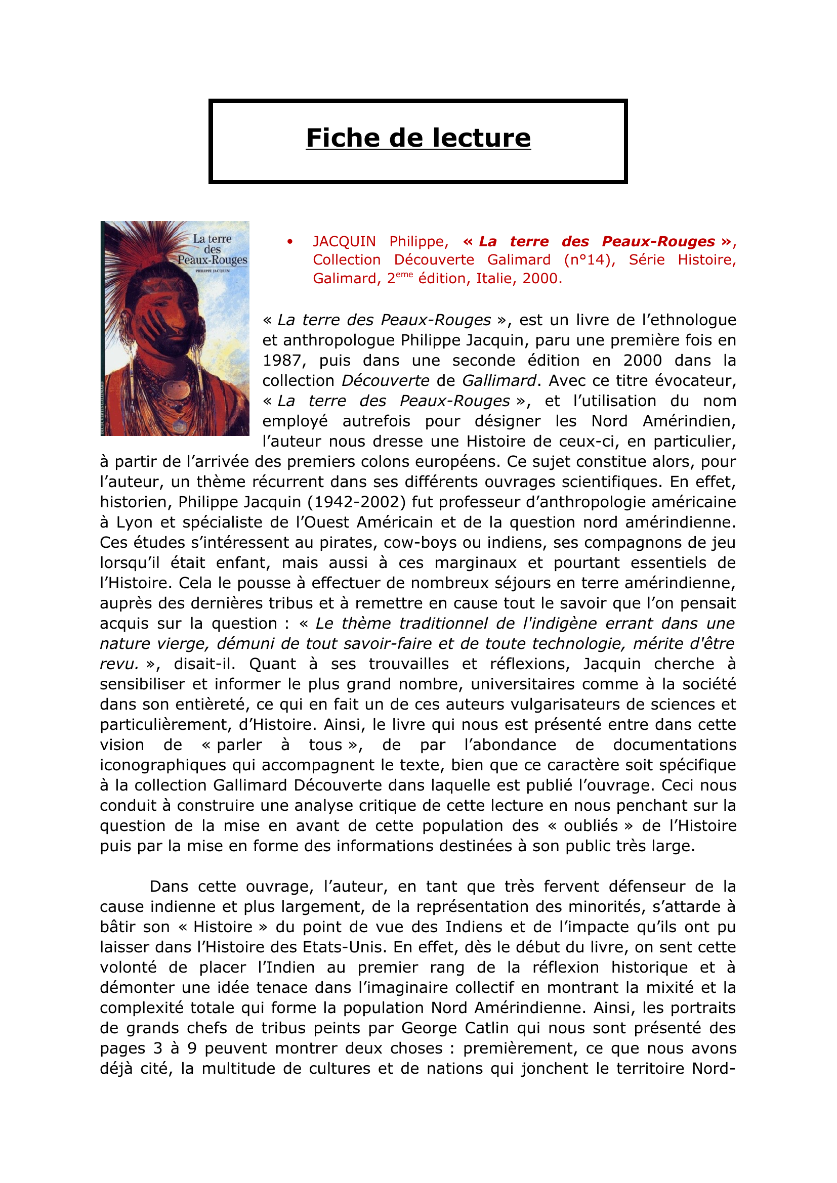 Prévisualisation du document Fiche de Lecture "La terre des Peaux-Rouges" de Philippe JACQUIN