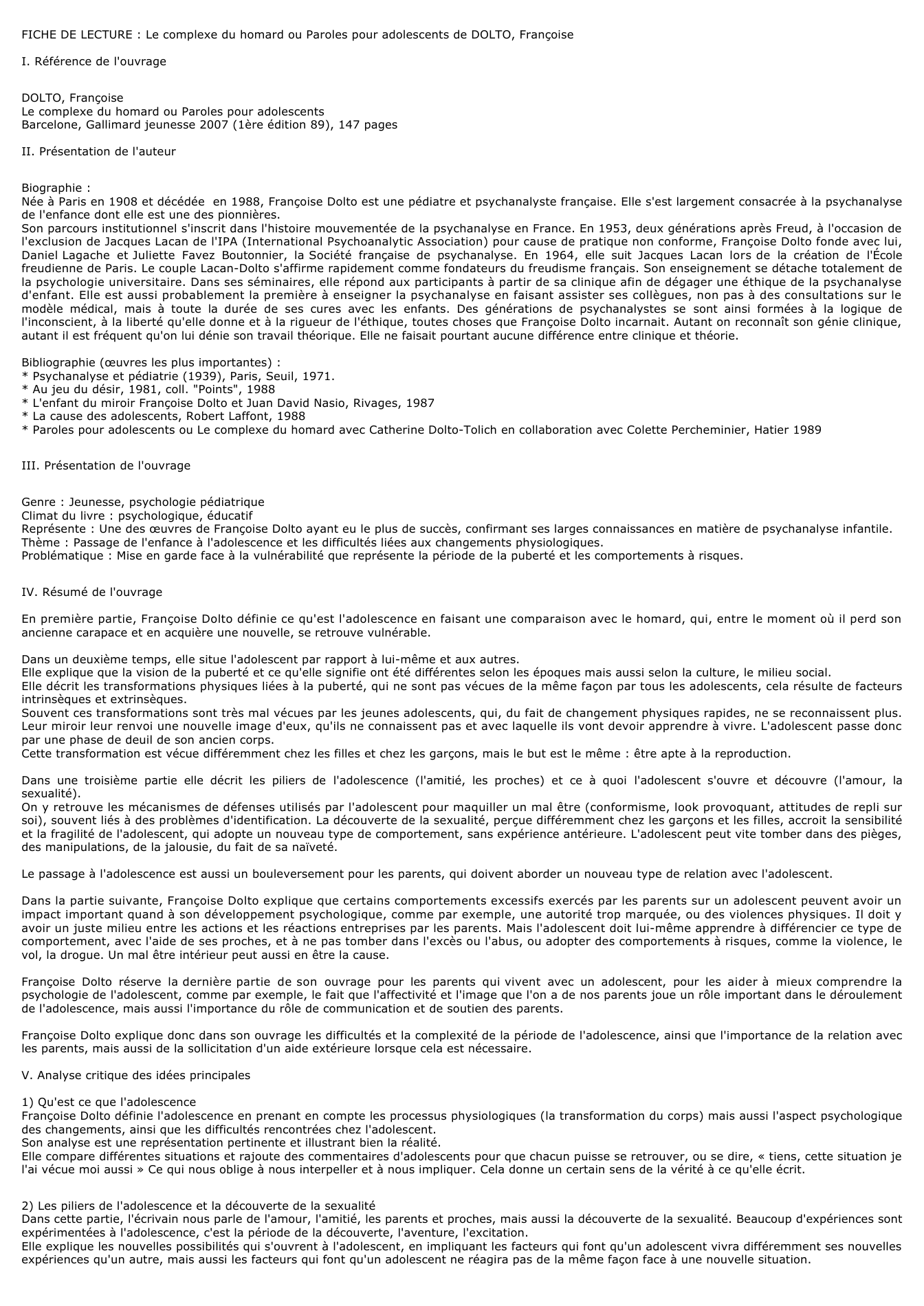 Prévisualisation du document FICHE DE LECTURE : Le complexe du homard ou Paroles pour adolescents de DOLTO, Françoise