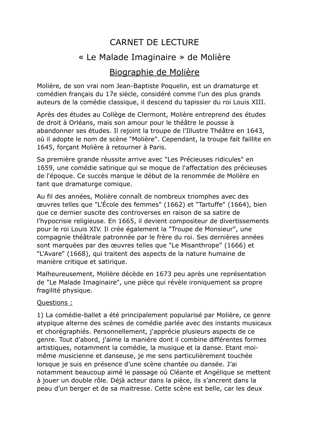 Prévisualisation du document fiche de lecture "le malade imaginaire" molière