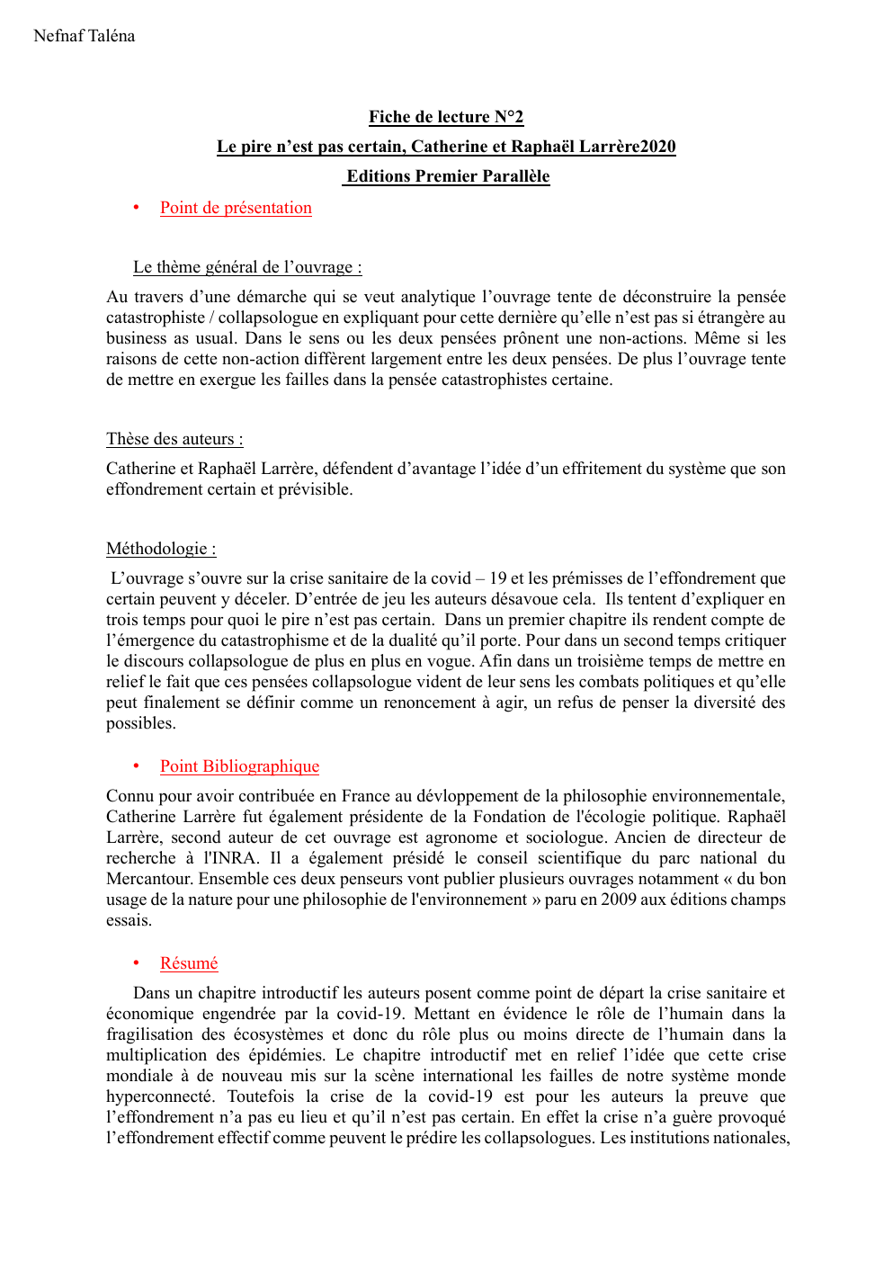 Prévisualisation du document Fiche de lecture: Le pire n’est pas certain, Catherine et Raphaël Larrère2020 Editions Premier Parallèle