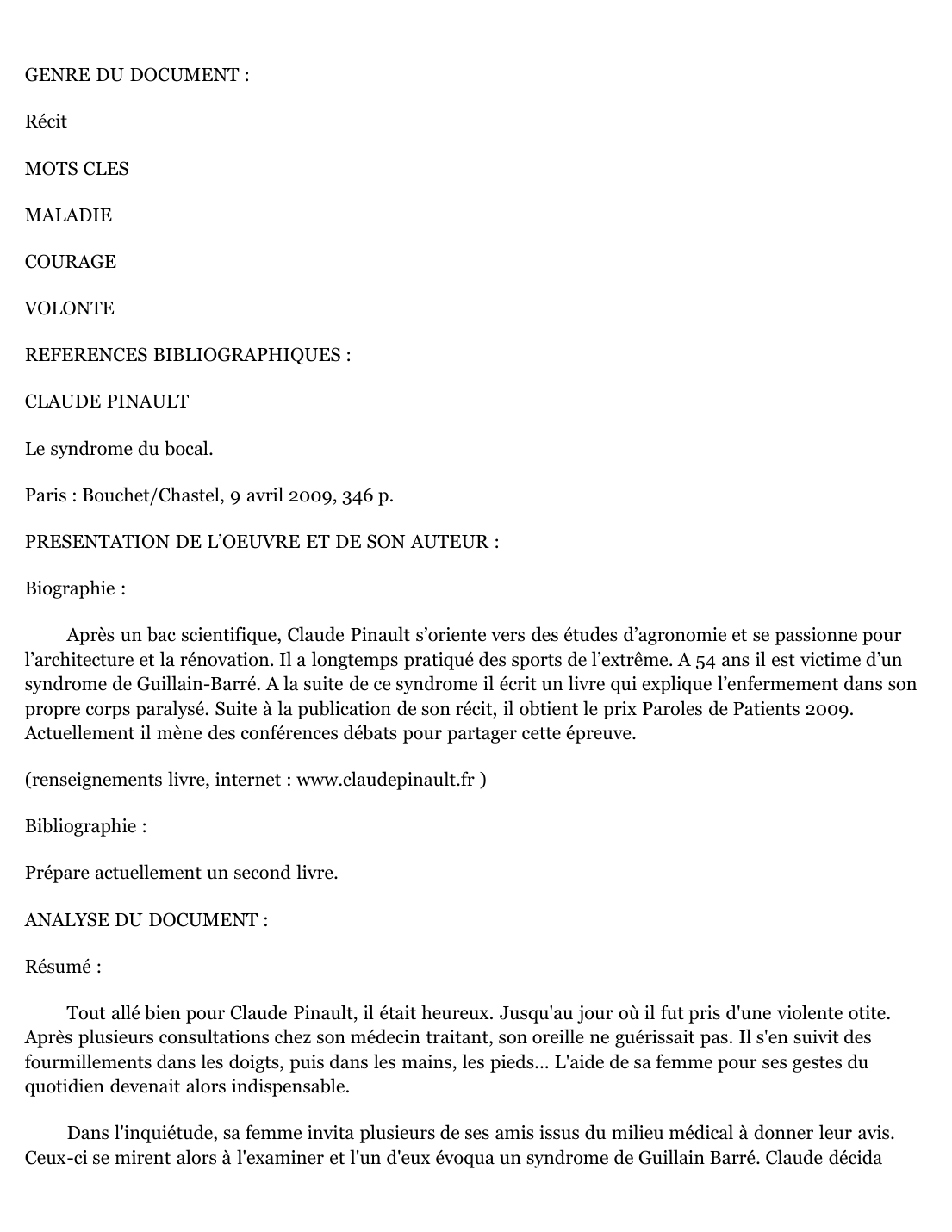 Prévisualisation du document Fiche de lecture "le syndrome du bocal" de Claude Pinault