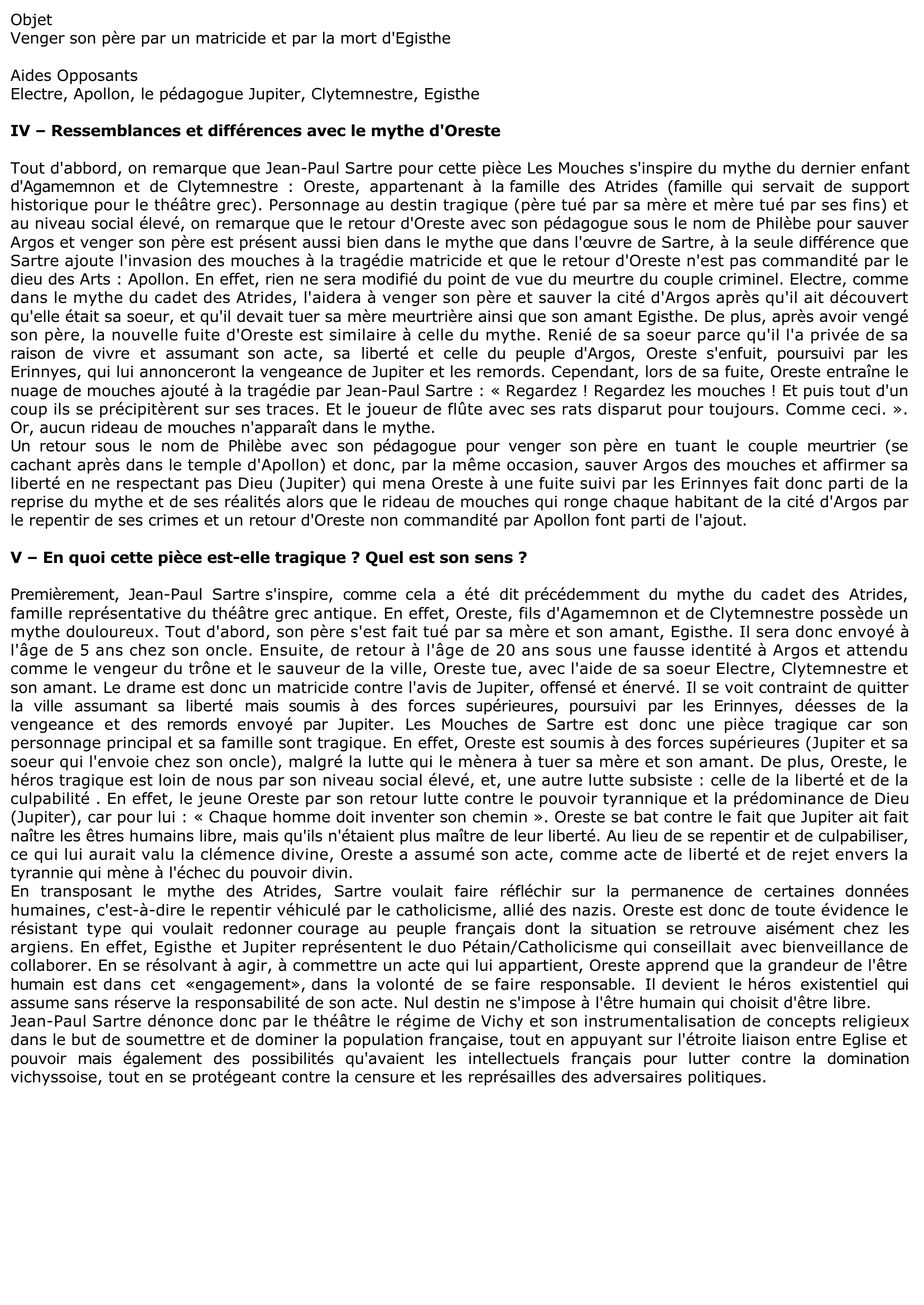 Prévisualisation du document FICHE DE LECTURE: LES MOUCHES DE JEAN-PAUL SARTRE