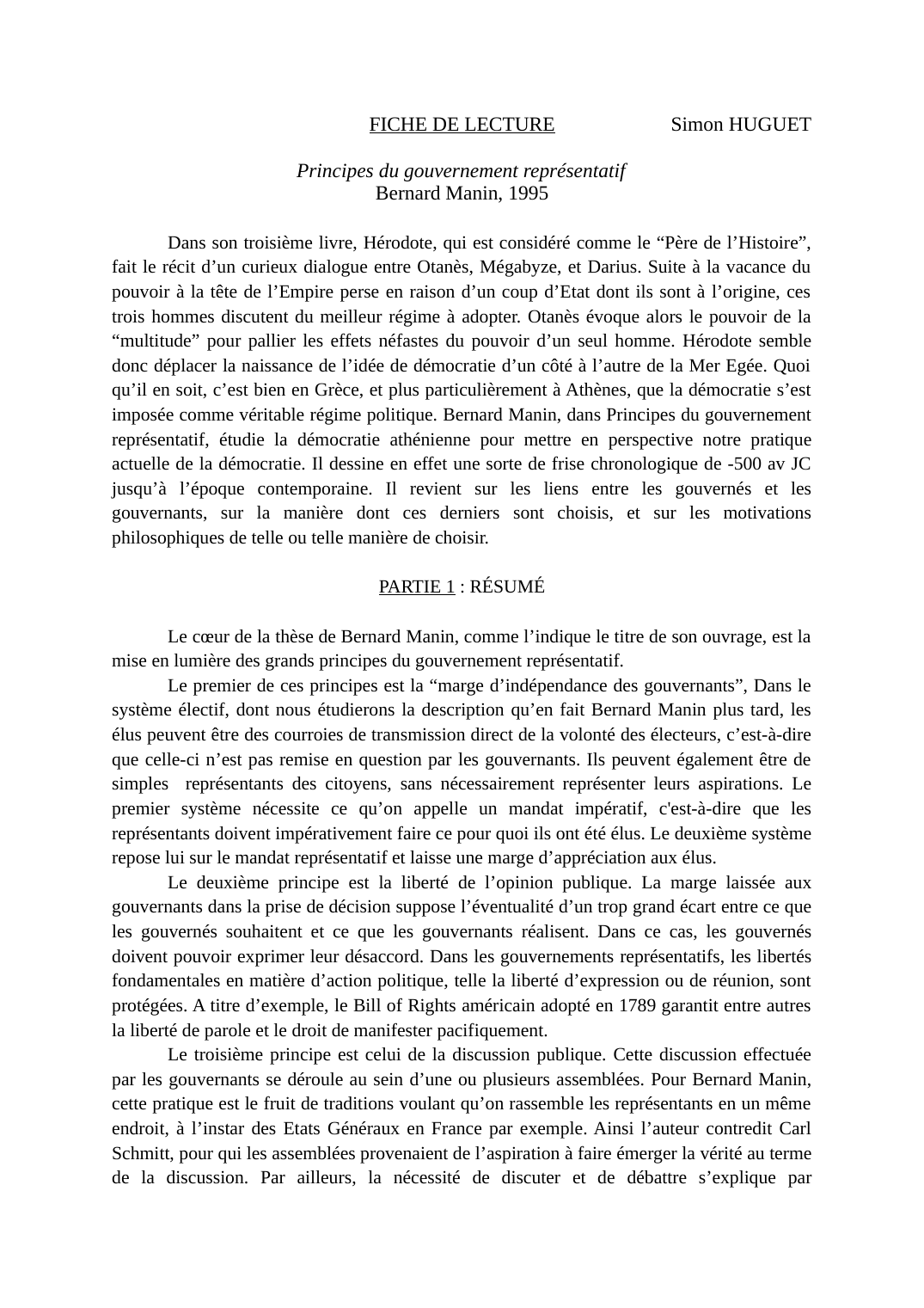 Prévisualisation du document Fiche de lecture : Les principes du gouvernement représentatif, Bernard Manin