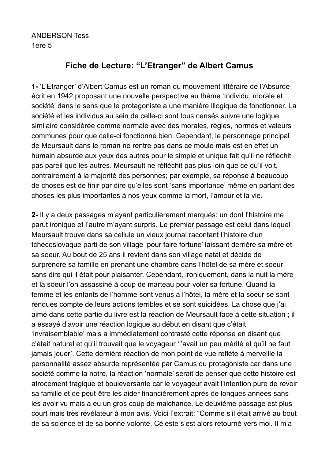 Prévisualisation du document fiche de lecture l'étranger d'Albert Camus