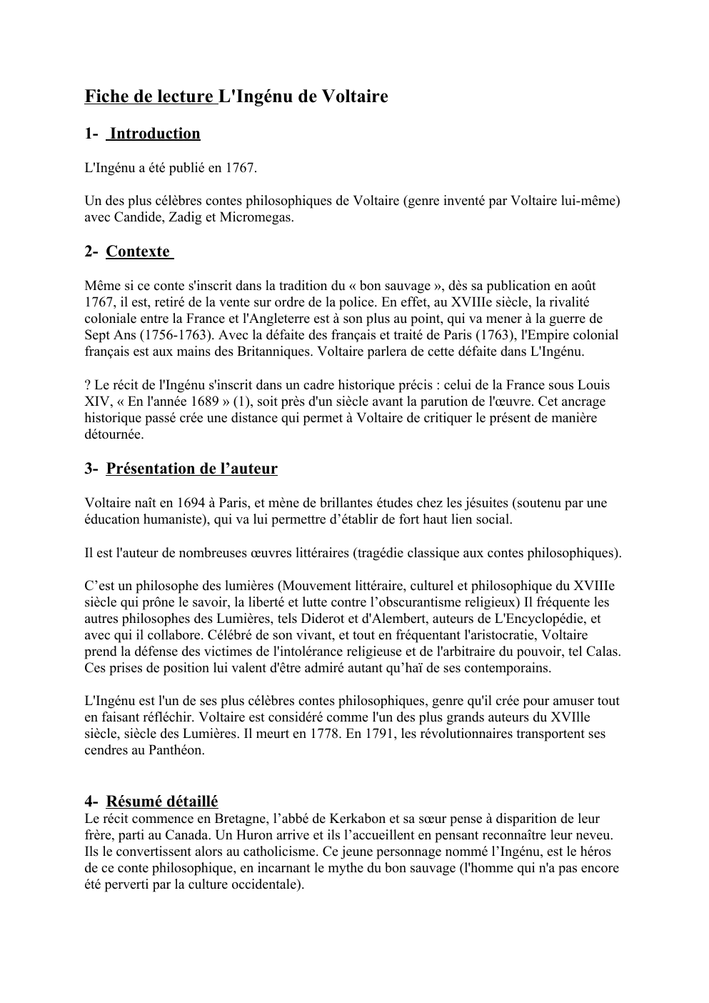 Prévisualisation du document Fiche de lecture l'ingénu de Voltaire