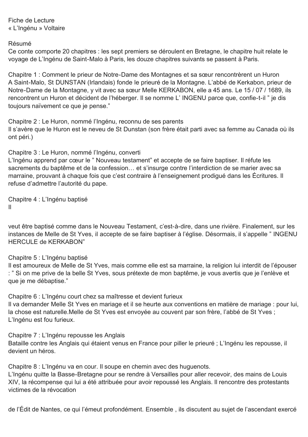 Prévisualisation du document Fiche de Lecture « L'Ingénu » de Voltaire