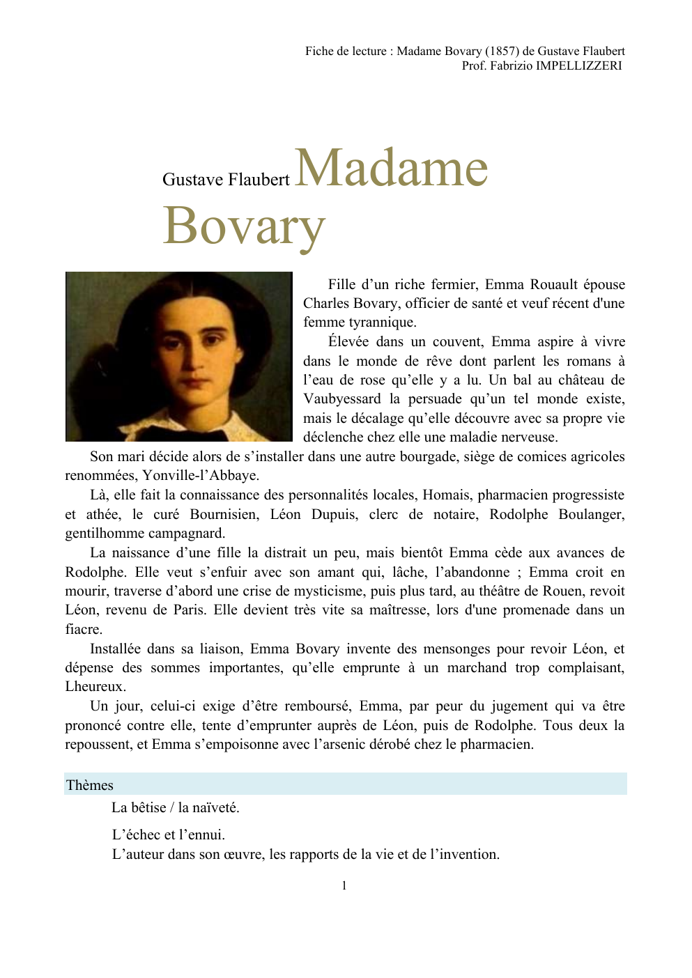Prévisualisation du document Fiche de lecture : Madame Bovary (1857) de Gustave Flaubert