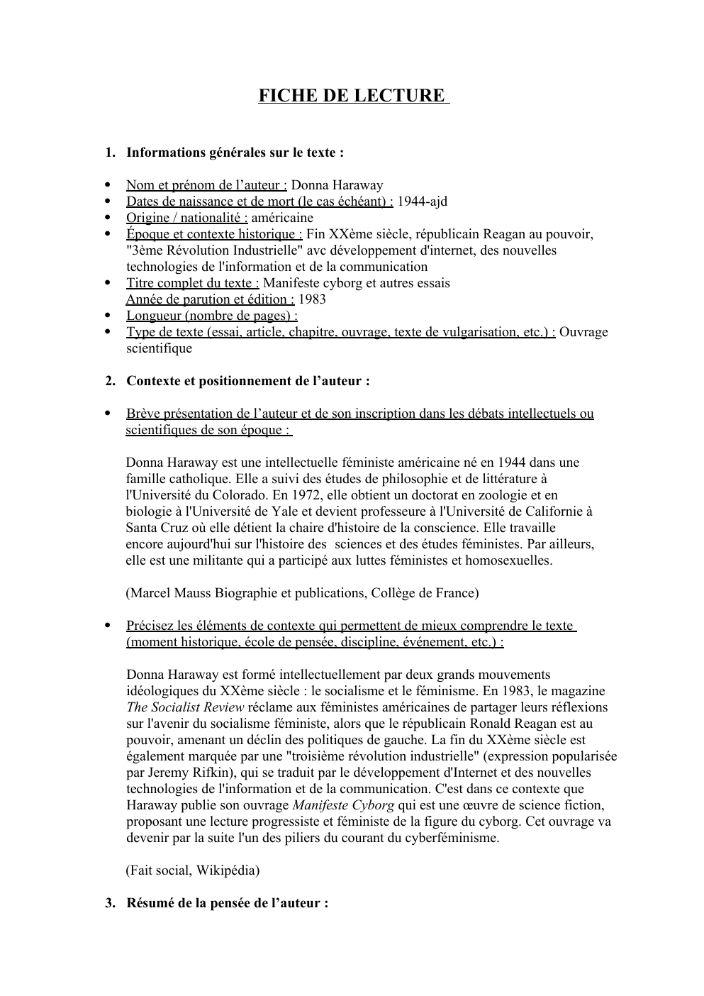 Prévisualisation du document Fiche de lecture: Manifeste cyborg et autres essais de l’auteur : Donna Haraway