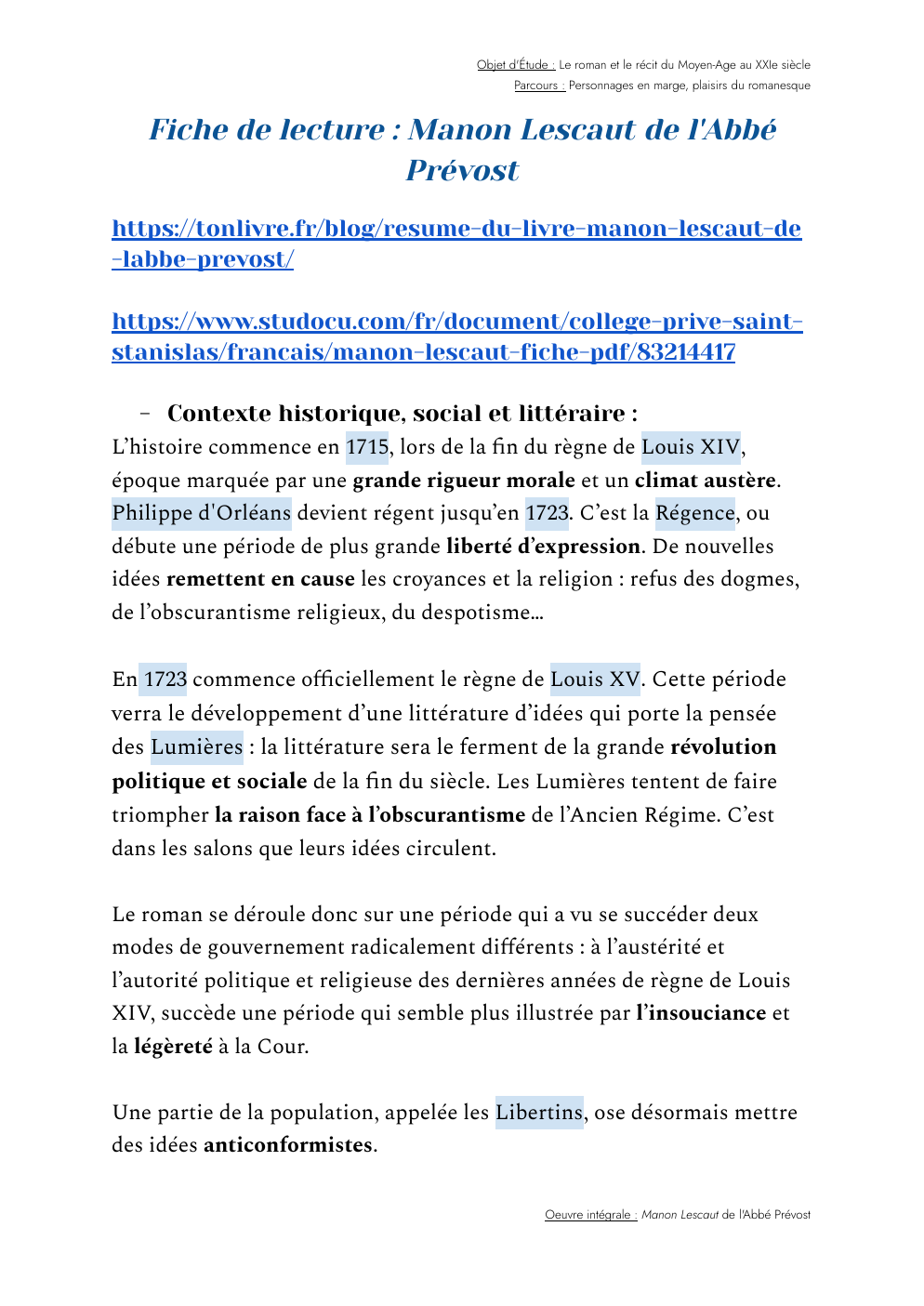 Prévisualisation du document ‭Fiche de lecture : Manon Lescaut de l'Abbé‬ ‭Prévost‬