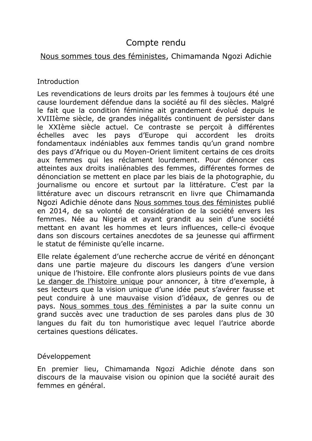 Prévisualisation du document Fiche de lecture : Nous sommes tous des féministes