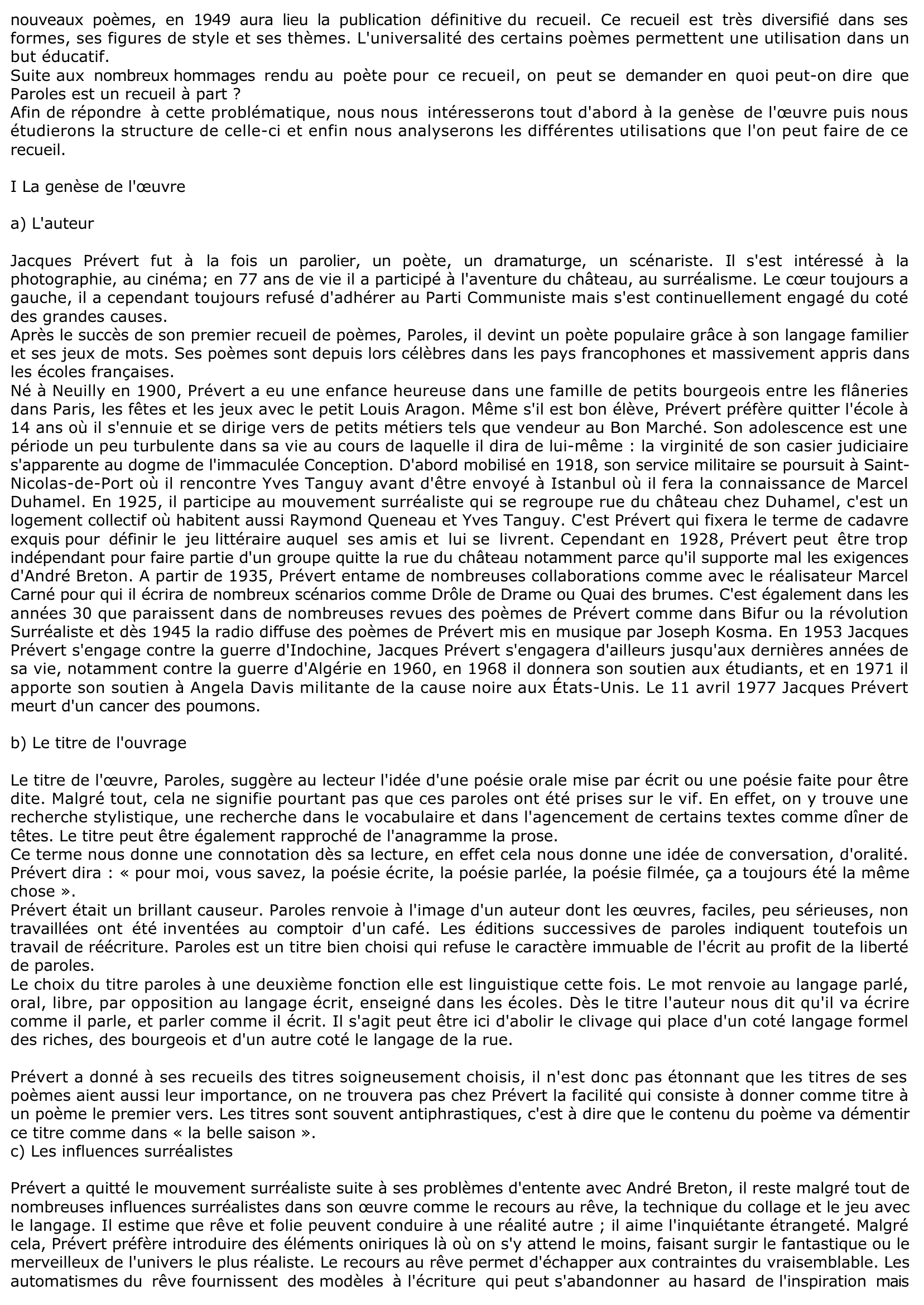 Prévisualisation du document FICHE DE LECTURE: PAROLES DE JACQUES PRÉVERT