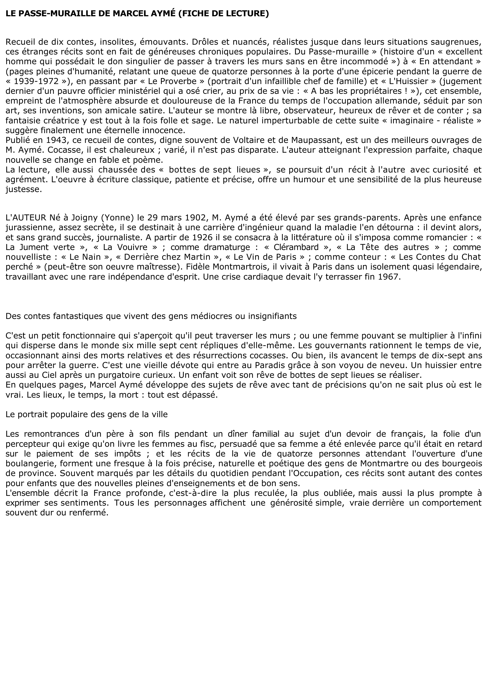 Prévisualisation du document Fiche de lecture : PASSE-MURAILLE (Le) de Marcel Aymé