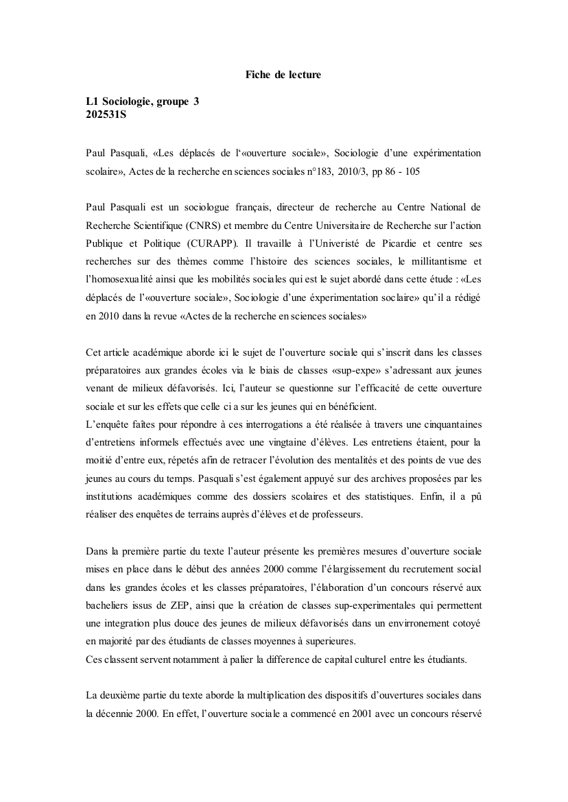 Prévisualisation du document Fiche de lecture : Paul Pasquali, Les déplacés de l'ouverture sociale