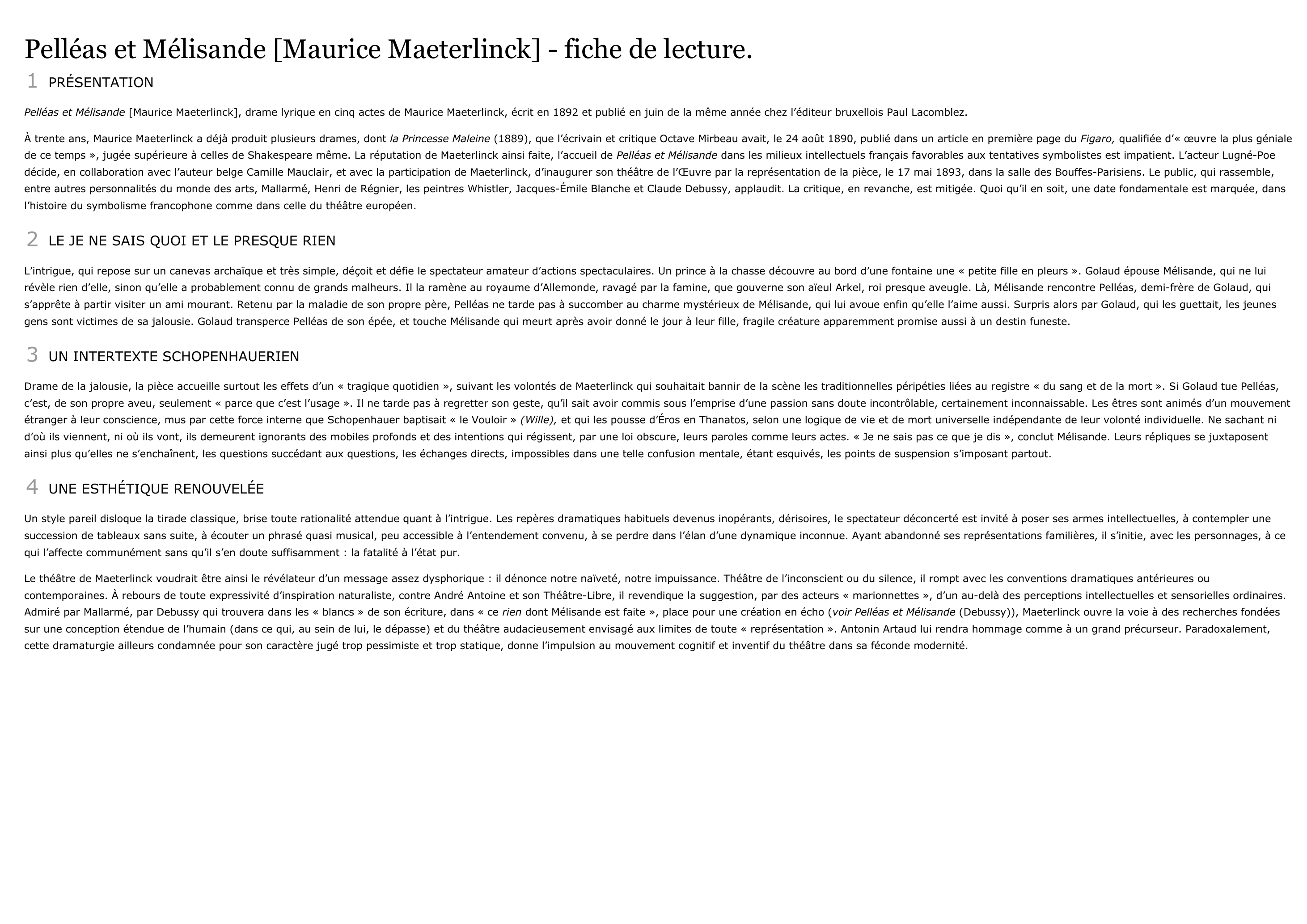 Prévisualisation du document Fiche de lecture : PELLÉAS ET MÉLISANDE    Maurice Maeterlinck
