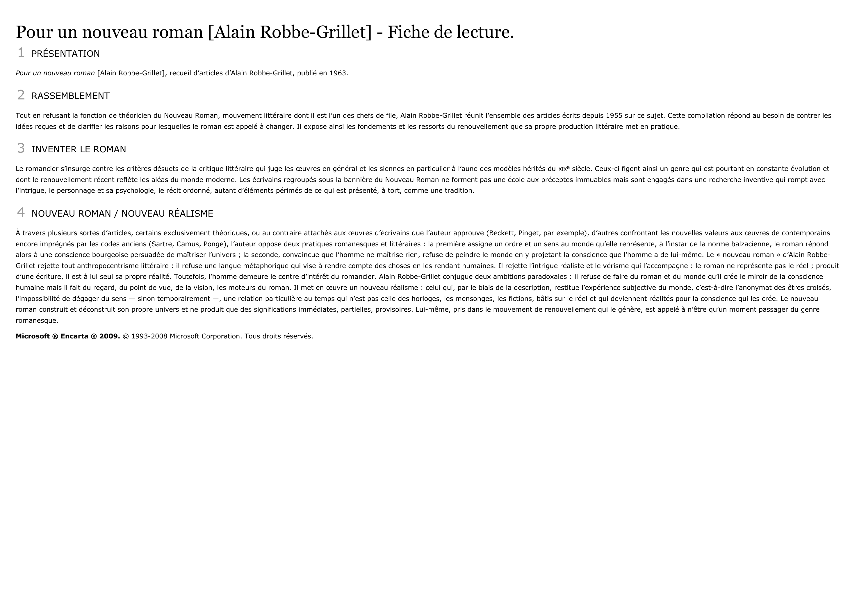 Prévisualisation du document Fiche de lecture : POUR UN NOUVEAU ROMAN d'Alain Robbe-Grillet
